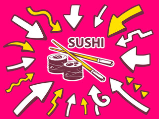 Vector illustration of arrows point to icon of sushi on pink bac
