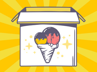 Vector illustration of open box with icon of  ice cream on yello
