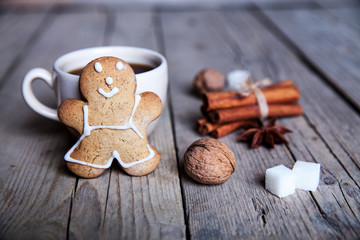 Christmas food. Gingerbread man cookies in Christmas setting.