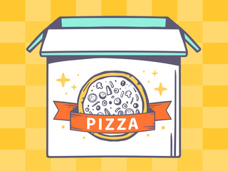 Vector illustration of open box with icon of  pizza on yellow pa