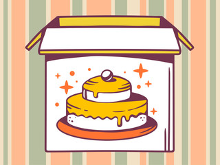 Vector illustration of open box with icon of  cake on striped pa