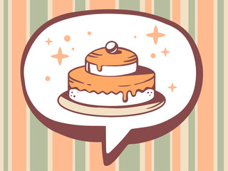 Vector illustration of speech bubble with icon of cake on orange