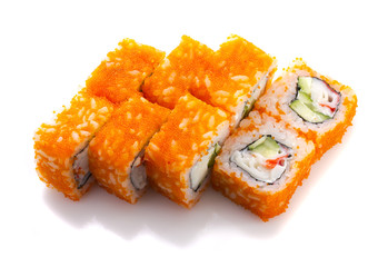 Sushi roll in ikura with crab and cucumber isolated