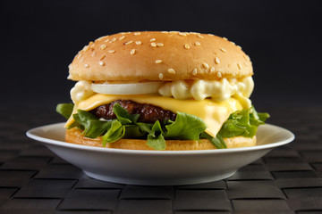 Cheeseburger with mayonnaise on dish