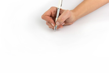 Hand holding pencil isolated on white background