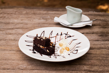 Chocolate brownie with nuts.
