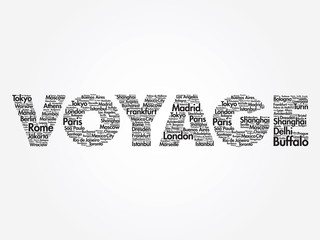 VOYAGE travel concept made with words cities names, vector