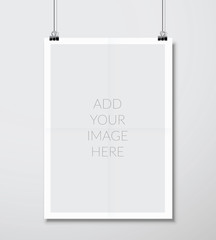 Empty A4 sized vector paper frame mockup hanging with paper clip