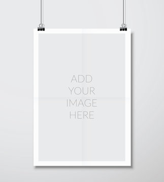Empty A4 sized vector paper frame mockup hanging with paper clip