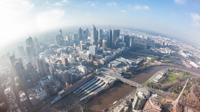 Timelapse video of the CBD of a city in daytime, fisheye view