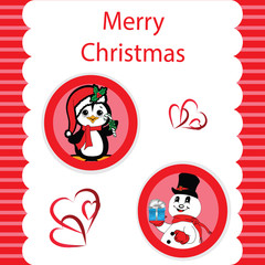 Red Christmas with a Peguin and Snowman