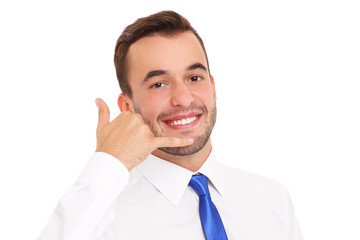 Happy businessman with calling sign