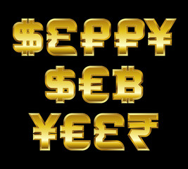 Happy New Year, golden currency symbols