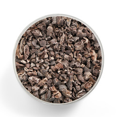 superfood cacao nibs shot from above in a glas jar