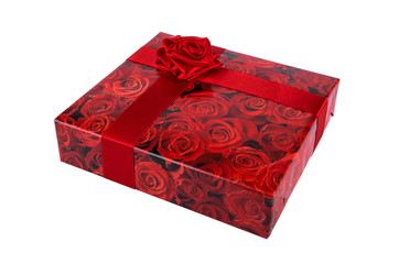 red roses gift box with ribbon on a white background