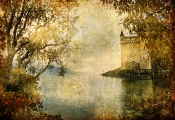 Foto op Plexiglas dramatisch landschap met kasteel-artistieke vintage foto © Freesurf