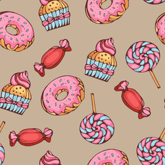 seamless pattern of donuts candies and lollypops