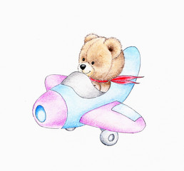 Teddy bear flying on a plane