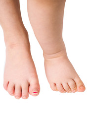 Barefoot young children standing towards isolated white backgrou