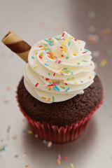 Close up of chocolate sundae cupcake