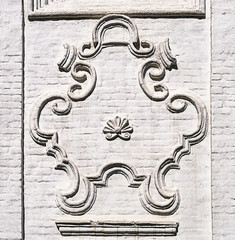 Cartouche on the wall of ancient Russian church in Totma