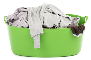 Basket with laundry isolated on white background.
