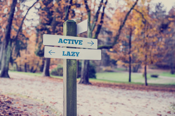Rustic wooden sign with the words Active - Lazy