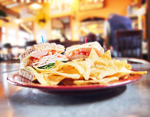 a well balanced healthy diet of a turkey sandwich with tortilla chips