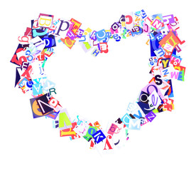 Colorful newspaper letters shaped as heart frame isolated