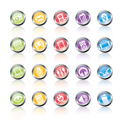 Glassy, metallic colorful round icons with media and device symb