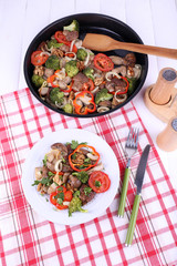 Braised wild mushrooms with vegetables and spices in pan and