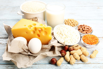 Food high in protein on table, close-up