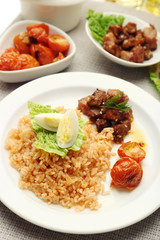 Tasty rice served on table, close-up