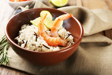 Tasty rice served on table, close-up