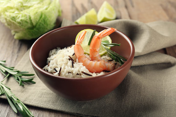 Tasty rice served on table, close-up