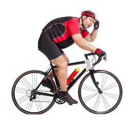 obese cyclist with difficulty riding a bicycle