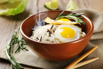 Tasty rice served on table, close-up