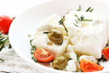 Feta cheese on table close-up