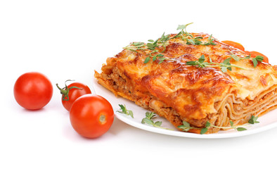 Portion of tasty lasagna, isolated on white