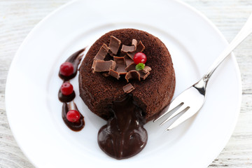 Hot chocolate pudding with fondant centre, close-up