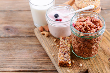 Healthy breakfast. Granola on table