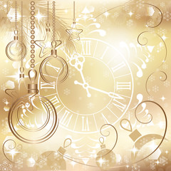 gold Christmas background with clock , vector illustration