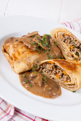 Savory mince pancakes or tortillas