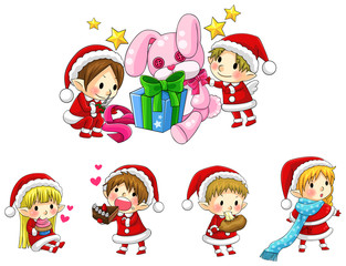 Cute Christmas elves in cartoon style collection set (vector)