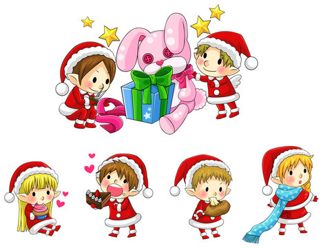 Cute Christmas elves in cartoon style collection set (vector)