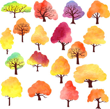 set of different autumn trees by watercolor