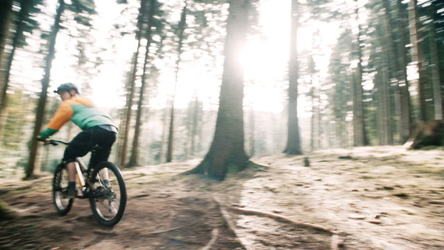 Man on mountain bike rides on track in forest