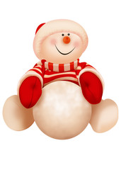 рождественский снеговик в красной одежде с снежным комом