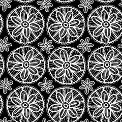 Lace seamless pattern flowers leaves black white background.