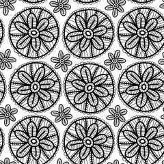 Lace seamless pattern black flowers on white background